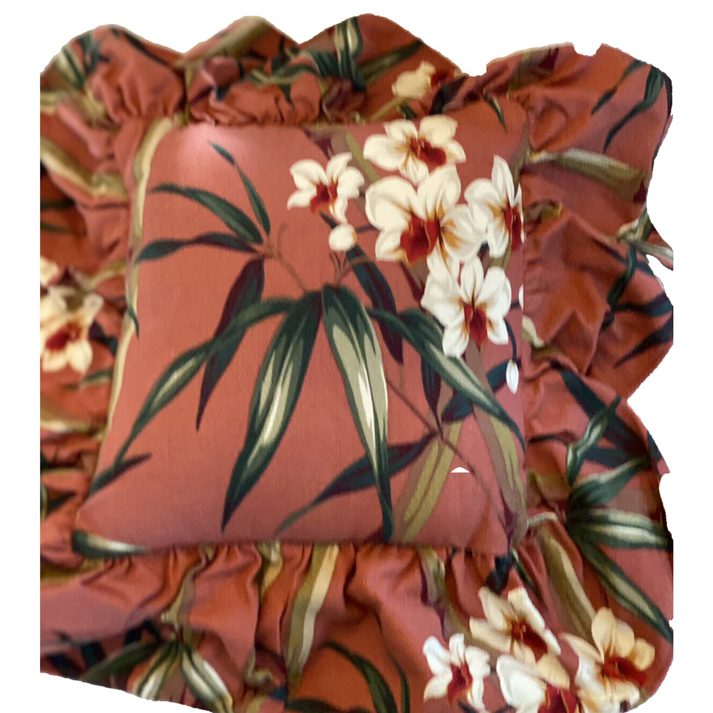 MCM Barkcloth Throw Pillow Decor Tropical White Orchid Design Billowy Fringe - Picture 8 of 8